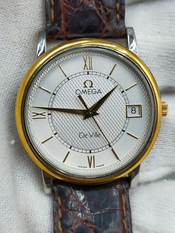 □OMEGA De Ville クォーツ 腕時計 ゴールド 白文字盤 レザーベルト オメガ デビル