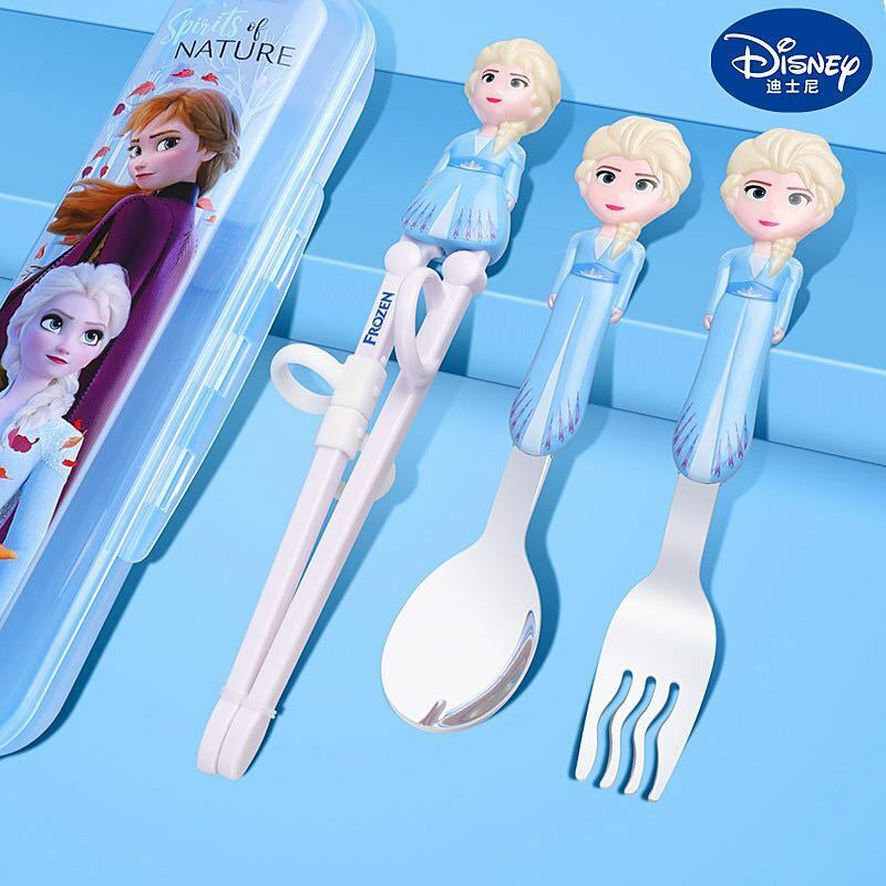 新品ディズニー【エルサ】子供お食事4点セットトレーニング箸＋ スプーン＋フォーク