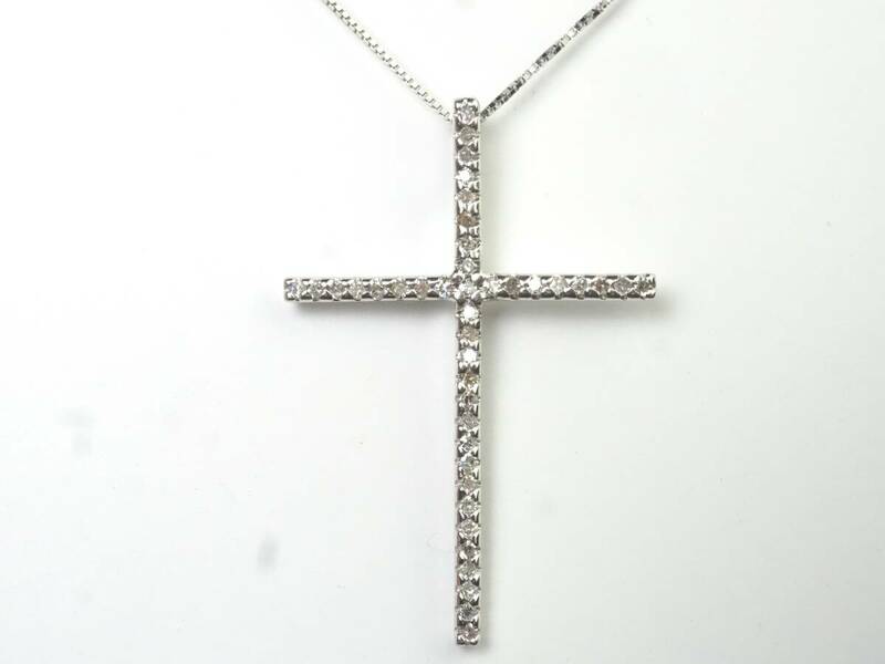 【3912A】K10WGホワイトゴールド 天然ダイヤモンド 0.12ct/1.6g クロス十字架 ネックレス