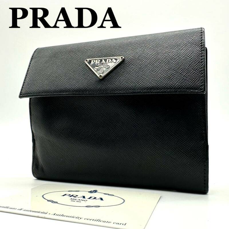 【極美品】プラダ PRADA サフィアーノ 二つ折り財布 折りたたみ コンパクト wallet 三角ロゴ トライアングル メンズ ブラック レザー ネロ