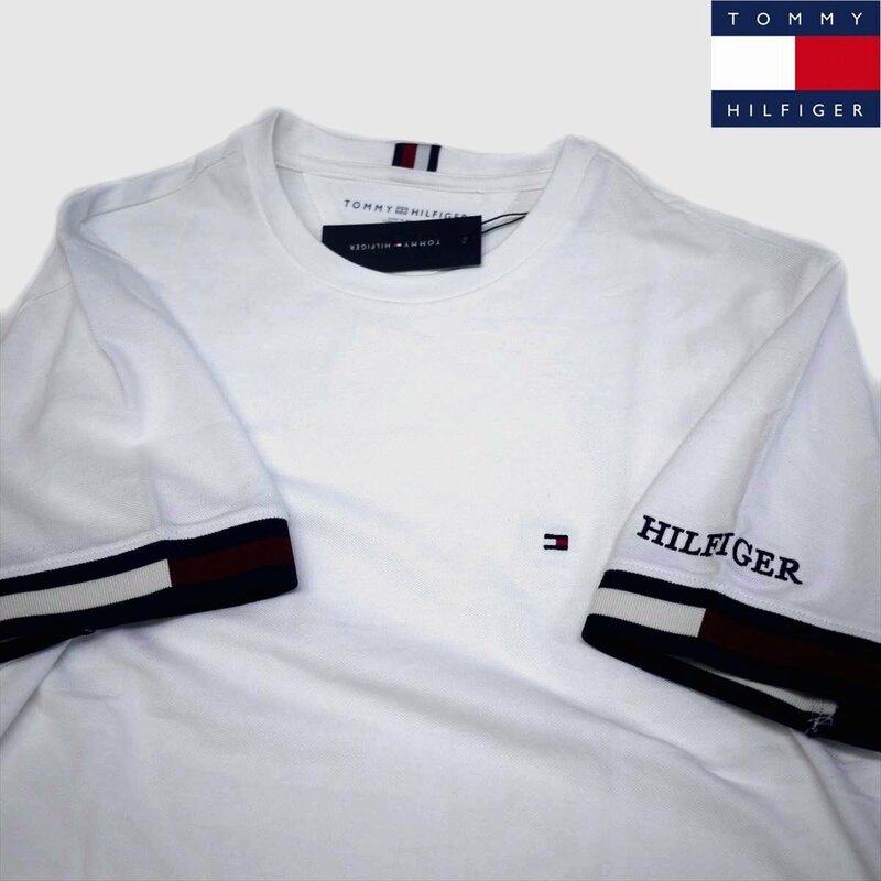 新品 トミーヒルフィガー 刺繍ロゴ 半袖 Tシャツ (M) ホワイト TOMMY HILFIGER USAモデル /ba11