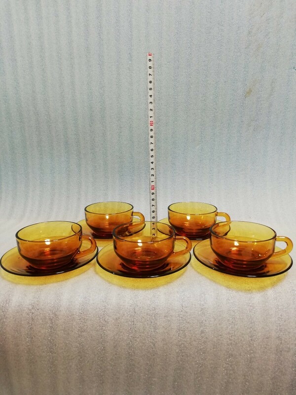 CS5275.【未使用】 昭和レトロ アンバーガラス ADELEX カップ ソーサー　5客 飴色 琥珀色 ティーセット/80