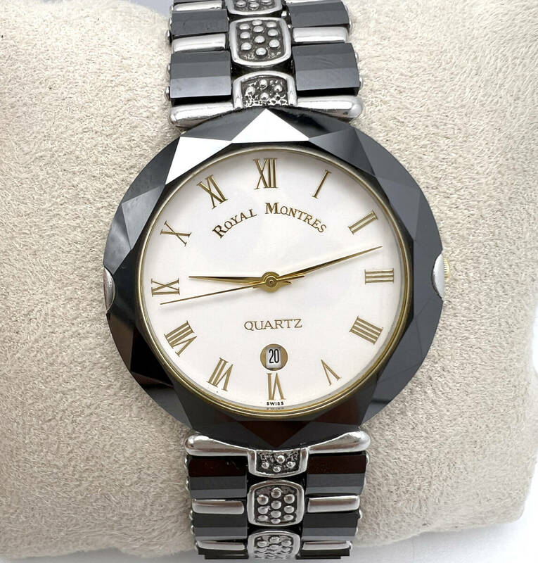 【電池交換済み】ROYAL MONTRES ロイヤルモントレス 18K GOLD CROWN RM-1443M クォーツ 黒文字盤 ユニセックス 腕時計
