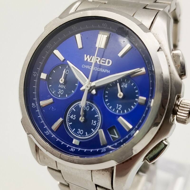 1円 腕時計 SEIKO セイコー WIRED ワイアード クロノグラフ VK-63‐K013 QZ クオーツ デイト ブルー文字盤