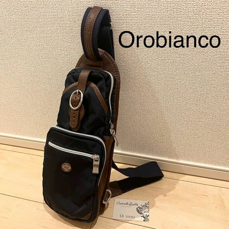 【数回使用程度】Orobianco オロビアンコ ショルダーバッグ ワンショルダー 斜めがけ ネイビー×ブラウン 未使用に近い