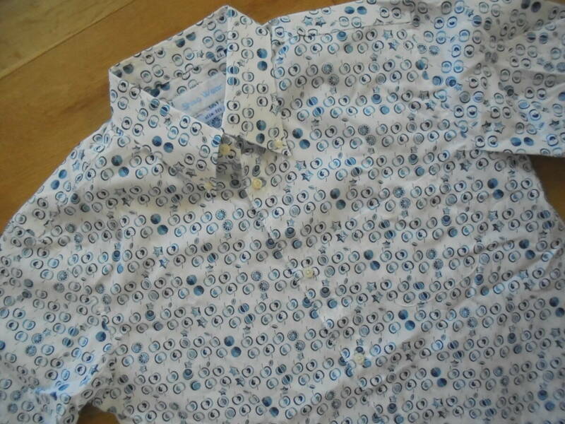 シーサー Shisa Wear 沖縄産かりゆしウェア ボタンダウン 半袖コットンアロハシャツ LL XL ホワイト×ブルー リズミカルフルーツ マジュン