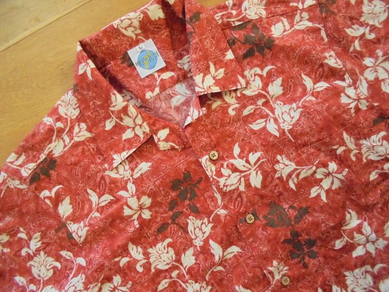 エメラルドアイランド Emerald Island 沖縄産かりゆしウェア 麻混 半袖コットンアロハシャツ L オレンジ 花 パッチワーク柄