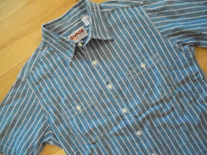 カムコ CAMCO ストライプ 半袖ワークシャツ シャンブレー L -XL ブルー