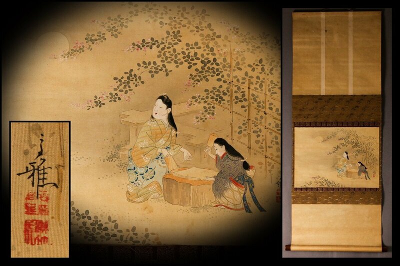 【佳香】■掛軸特集■ 森高雅 『月下砧打美人図』肉筆 絹本 日本画 掛軸 木箱 本物保証