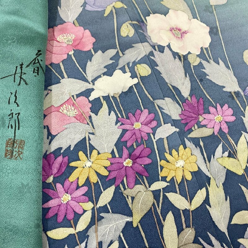 着物月花　二代目　清次郎　手描き染　ぼかし　品のある花　単衣　訪問着　正絹　ki1521