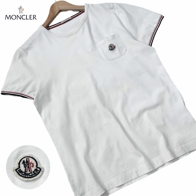 極美品●MONCLER モンクレール マグリア ワッペン刺繍ロゴ トリコロール 半袖 クルーネック Tシャツ カットソー 白 S~M相当 メンズ 正規品