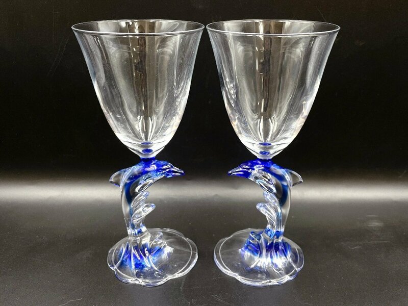 クリスタルダルク イルカ ワイングラス ペア グラス ブルー /食器 現状品 （HA052）