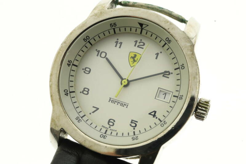 LVSP6-5-24 7T054-6 Ferrari フェラーリ 腕時計 ラウンド デイト ラウンド クォーツ 約53g メンズ シルバー 文字盤ホワイト ジャンク