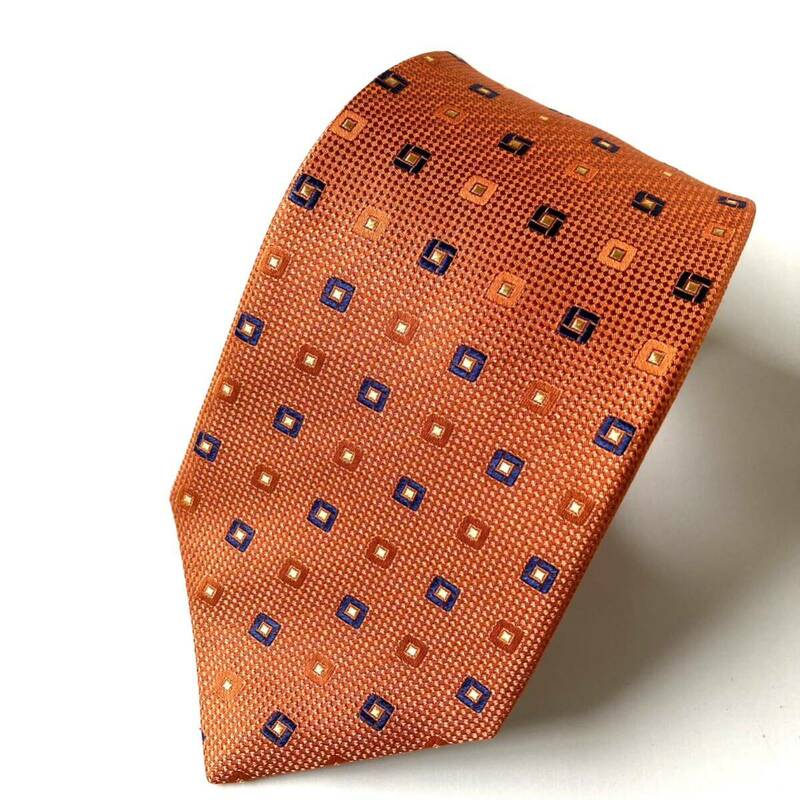 ネクタイ LUI FRERES ブランド品　ヴィンテージ　シルク 日本製　幾何学模様　オレンジ色　顔映え　シンプル　ビジネス　即決