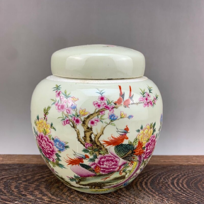 ◆古風堂◆ 中国 缶 茶筒 茶器 花鳥祥鳳 サイズ：10.5cm*6cm*6cm