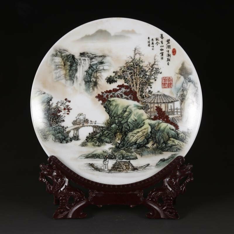 ◆古風堂◆ 中国 皿 山水人物 陶芸 直径26cm