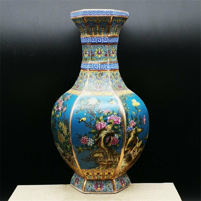 ◆古風堂◆中国 花瓶 藍地六方花鳥賞瓶 極細工