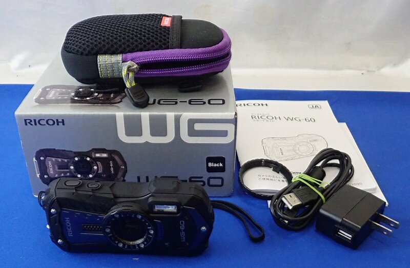 ◎中古　RICOH　リコー　WG-60　防水　コンパクトデジタルカメラ　ブラック　動作確認済み　ソフトケース付き　バッテリー・充電器