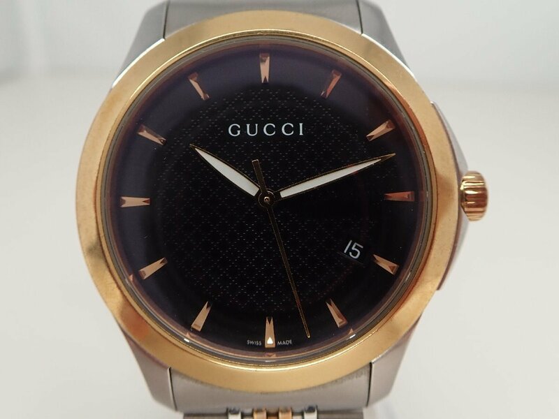 ■グッチ GUCCI Gタイムレス 126.4 シルバーxピンクゴールド SS 黒文字盤 コンビカラー 腕時計 メンズ クォーツ