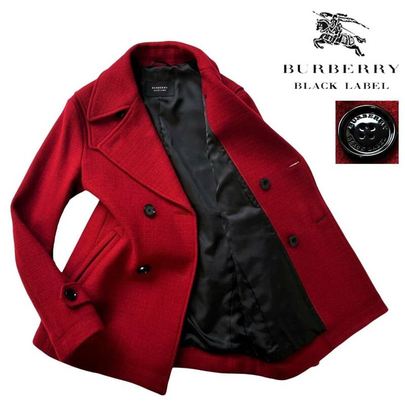 極美品 限定品! バーバリーブラックレーベル シャドーチェック 羊毛 メルトン Pコート L/3 赤 ピーコート ジャケット BURBERRY BLACK LABEL