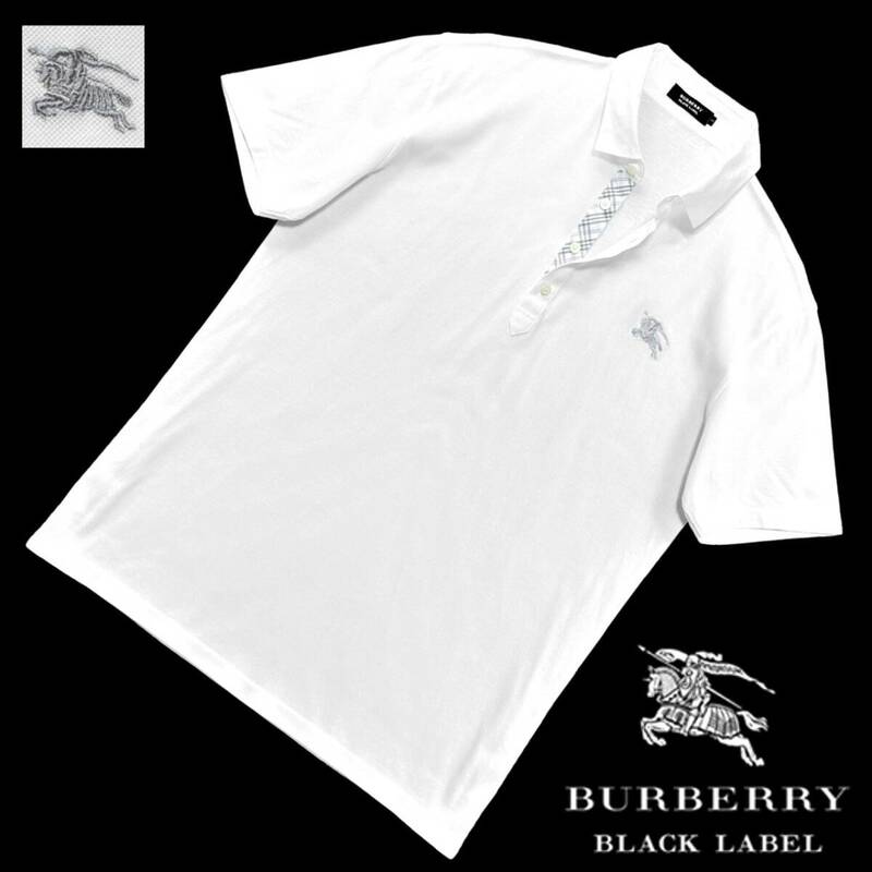 希少! 極美品 日本製 バーバリーブラックレーベル BIGホース刺繍 前立てノバチェック 鹿の子 半袖 ポロシャツ 3/L 白 BURBERRY BLACK LABEL