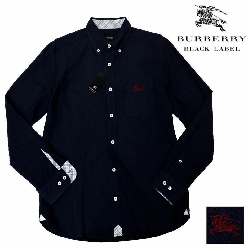希少! 新品 バーバリーブラックレーベル 襟袖裏ノバチェック BIGホース刺繍 オックスフォード BD 長袖 シャツ 3/L 紺 BURBERRY BLACK LABEL