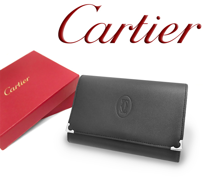 【未使用 超美品】 カルティエ Cartier マストライン 二つ折り財布 がま口財布 ミディアムウォレット レザー ブラック 黒 レディース 箱付
