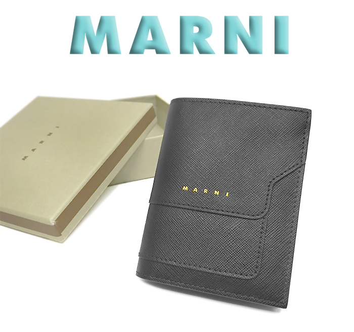 ◆未使用 超美品◆ マルニ MARNI 二つ折り財布 コンパクトウォレット ミニ ホック式 レザー 革 ブラック ゴールド メンズ レディース 箱付