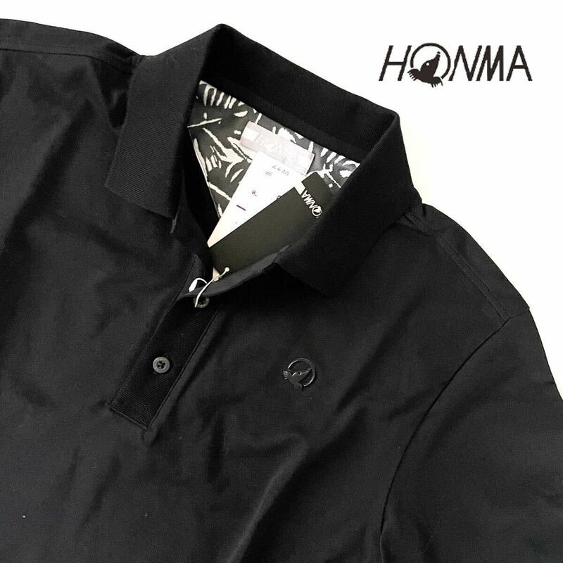 ☆097新品【メンズL】黒 本間 ゴルフ さらさら生地 ボタンダウン 半袖 ポロシャツ 高品質 刺繍ロゴ HONMA 