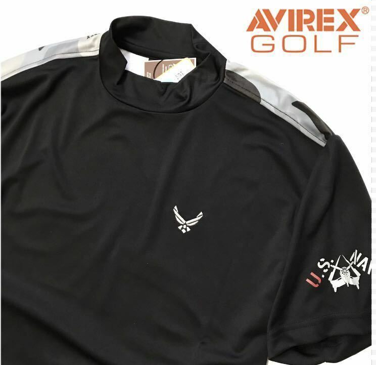 ◆H620新品 メンズM【AVIREX GOLF】黒 アヴィレックス ゴルフ 背面 迷彩ロゴ モックネック 半袖シャツ 定価9900円(0)