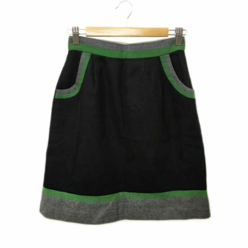 Tiara スカート 台形 ひざ丈 タック ウール 3 黒 緑 ブラック