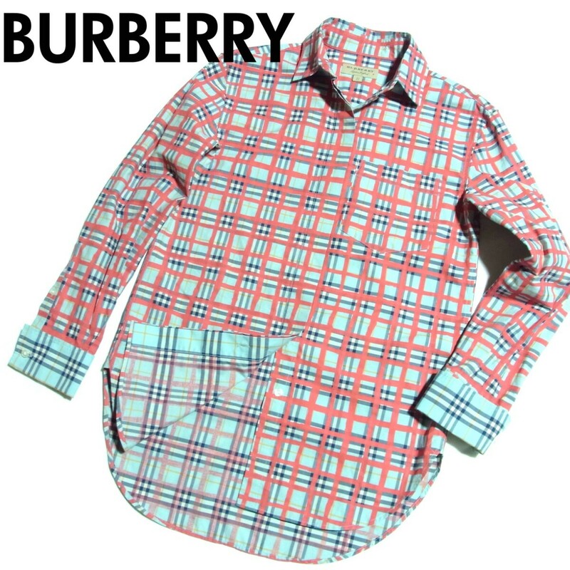 BURBERRY LONDON バーバリー ロンドン ノバチェック ペイント ペンキ 比翼 シャツ ワンピース 38 ライトブルー x レッド