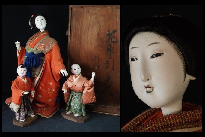 花車引美人　稚児二人　日本人形　和骨董　姉さん人形　高さ５０㎝　節句　ひな人形