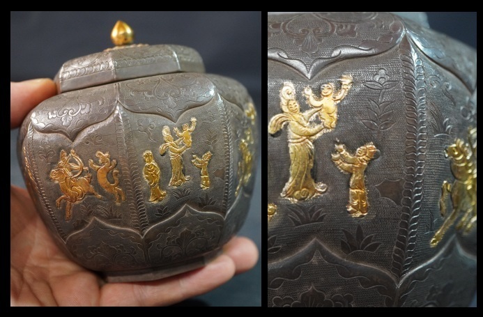 純銀　300g　足銀　茶入　煎茶道具　唐物　茶庫　中国美術　彫金　鍍金