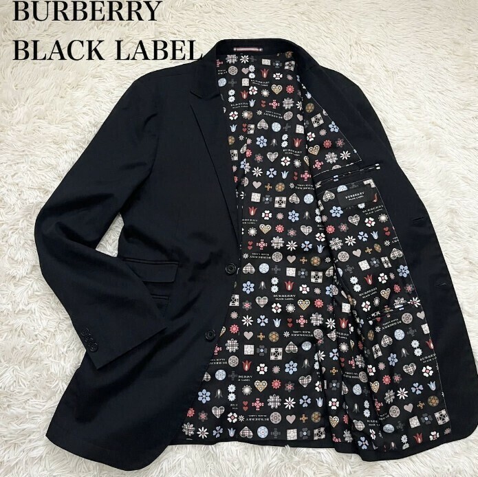 １円　バーバリーブラックレーベル【抜群の存在感】BURBERRY BLACK LABEL テーラードジャケット　2B 裏地　モノグラム　L ブラック　高級感