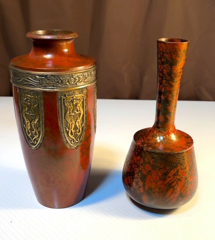 ■47 鋳銅 赤金花瓶 金工細工 銅器 銅製花器 2個まとめて 飾り壺