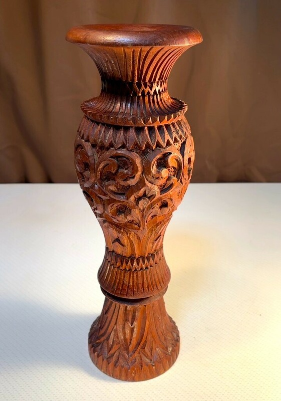 ■47 エスニック アジアン ウッド 花瓶 木製 木彫り H38㎝ インテリア オブジェ