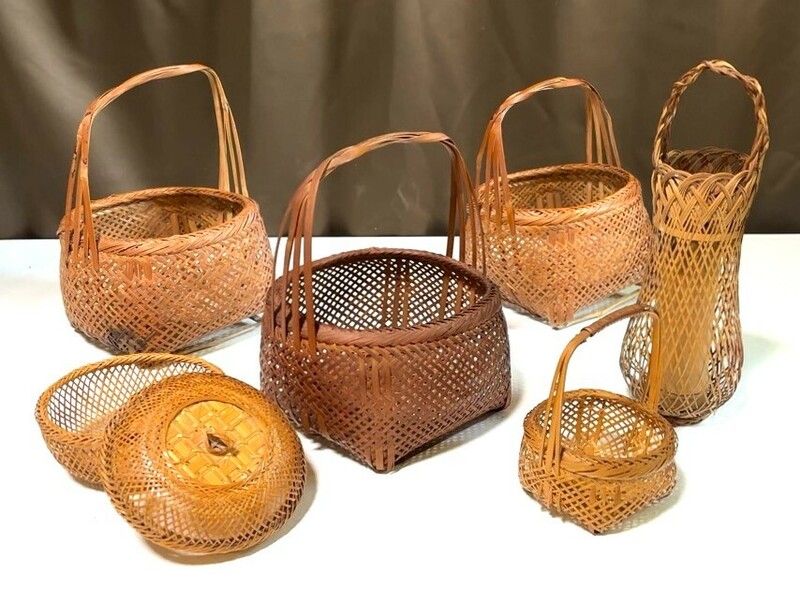 ■47 竹細工かご 6点まとめて 竹編み 竹籠3点 ミニ花かご1 花生1 蓋付小物入れ1 伝統工芸 茶道具インテリア