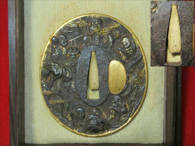 K73 江戸期 二代金丸 作 寶明 金銀象嵌 戦国大名覆輪鍔 刀装具 時代物
