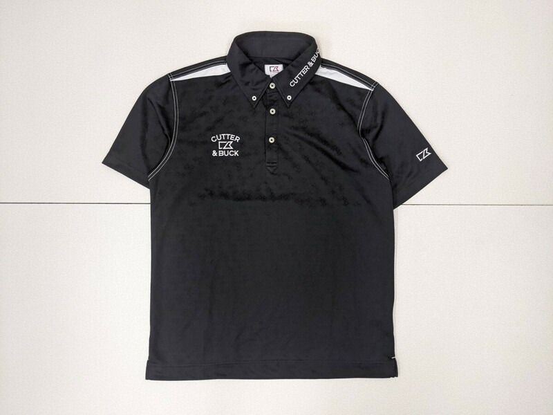 4．状態良好 カッター＆バック CUTTER ＆ BUCK 同色総柄 半袖速乾ポロシャツ メンズM黒白 ゴルフ x306