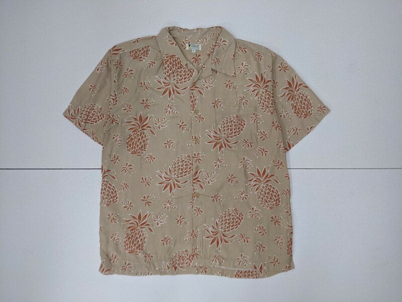 8．バイスコーポレーション Tropical Style 総柄 柄合わせ パイナップル 半袖 開襟シャツ アロハシャツ メンズ2L ベージュ赤茶色白系 x303
