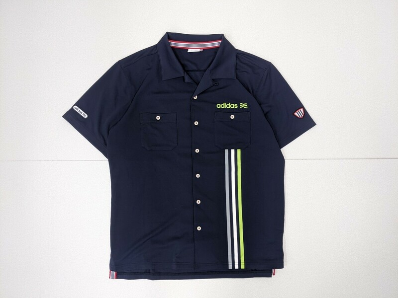 15．アディダスゴルフ adidas golf 速乾ストレッチ素材 半袖開襟シャツ ゴルフシャツ メンズO ネイビー赤緑系x409