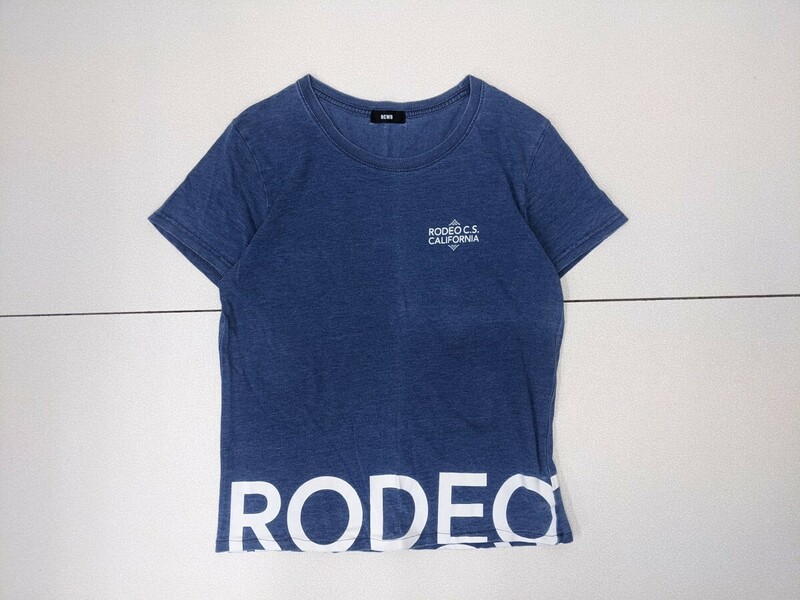 18．RODEO CROWN ロデオクラウン インディゴ 大判 デカロゴ 半袖Tシャツ サイズフリー 群青白 x510