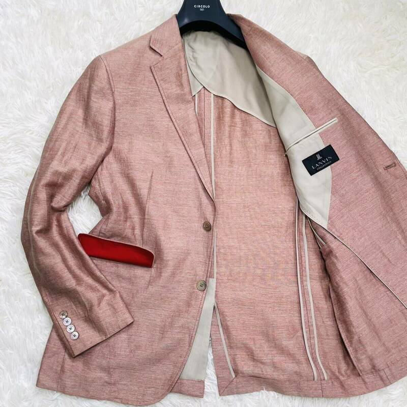 美品/XL相当●ランバンコレクション LANVIN テーラードジャケット サマー リネン 麻 パイピング メタルボタン 微光沢 淡ピンク 希少色