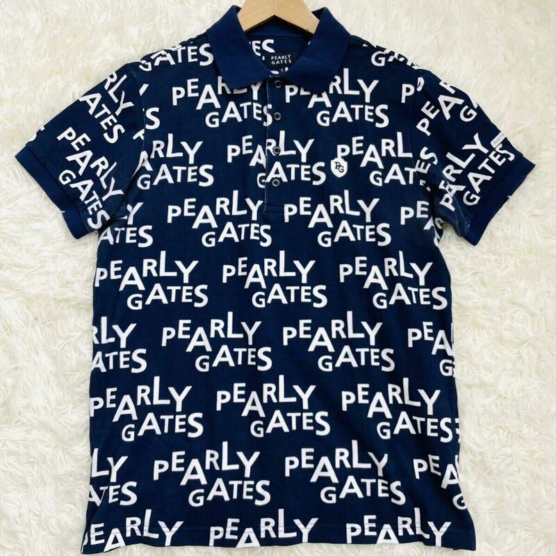 L相当●パーリーゲイツ PEARLY GATES ポロシャツ 半袖 鹿の子 ロゴ総柄 ワッペン 刺繍 ゴルフ 紺 ネイビー ストレッチ 清涼 メンズ 5