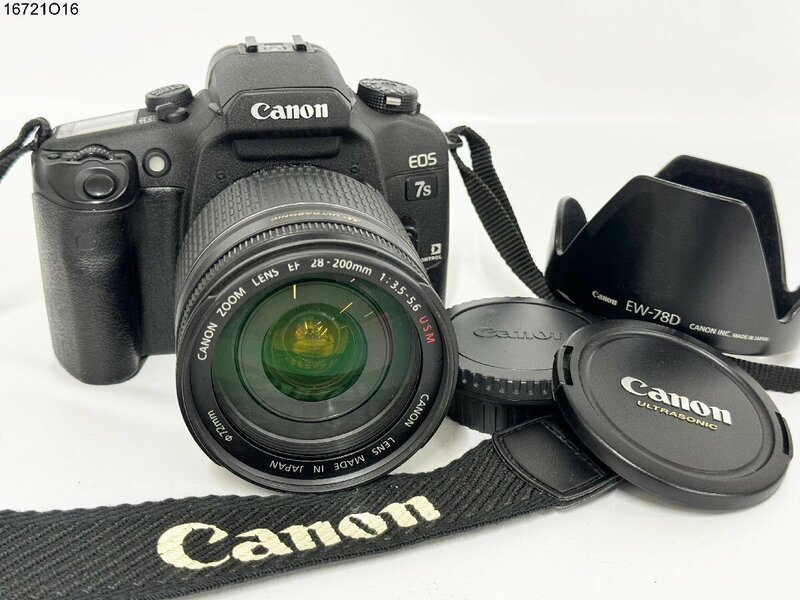 ★シャッターOK◎ Canon キャノン EOS 7s EF 28-200mm 1:3.5-5.6 USM イオス 一眼レフ フィルムカメラ ボディ レンズ フード 16721O16-7