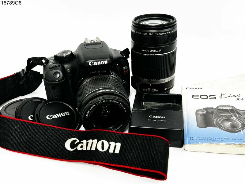 ★シャッターOK◎ Canon キャノン EOS Kiss X4 EF-S 18-55mm 1:3.5-5.6 55-250mm 1:4-5.6 デジタル 一眼レフ 説明書付 16789O8-9