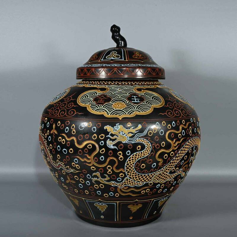 5:8465LT 人間国宝 中国骨董 磁器【元代瀝粉蒔金竜紋蓋缶】工芸品 施釉陶 青花磁 陶芸 置物 收藏品