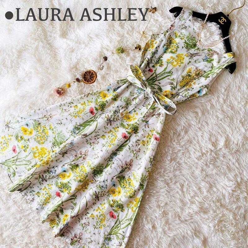 極美品 LAURA ASHLEY ローラアシュレイ 春夏向け コットン100％ 総柄 花柄 フラワー ウォッシャブル フレア マキシ丈 ロングワンピース