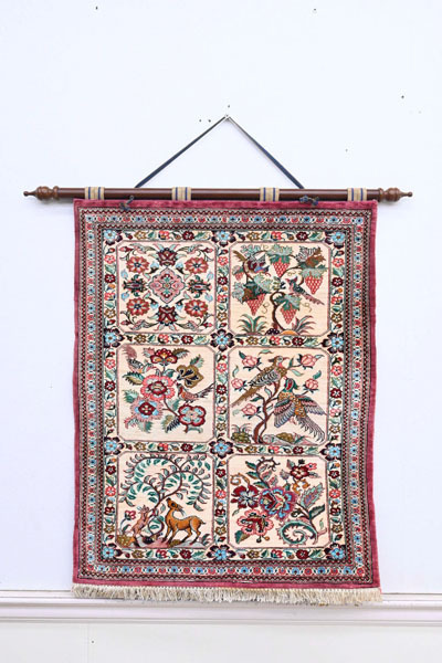 KQ06 美品 手織り ペルシャ絨毯 微細織 飾り物 タペストリー 壁飾り オブジェ